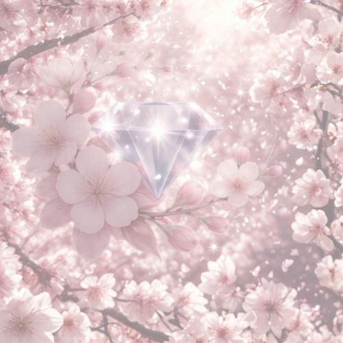 semi transparent sakura tree background with diamond logo branding